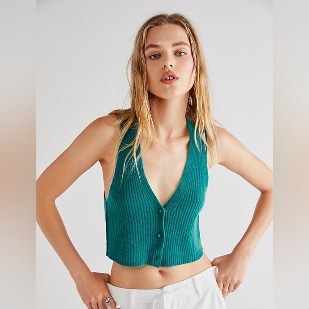 NWOT Free People Thorne 100% Cashmere V-neck Cropped Knit Vest Sz Sm- Teal